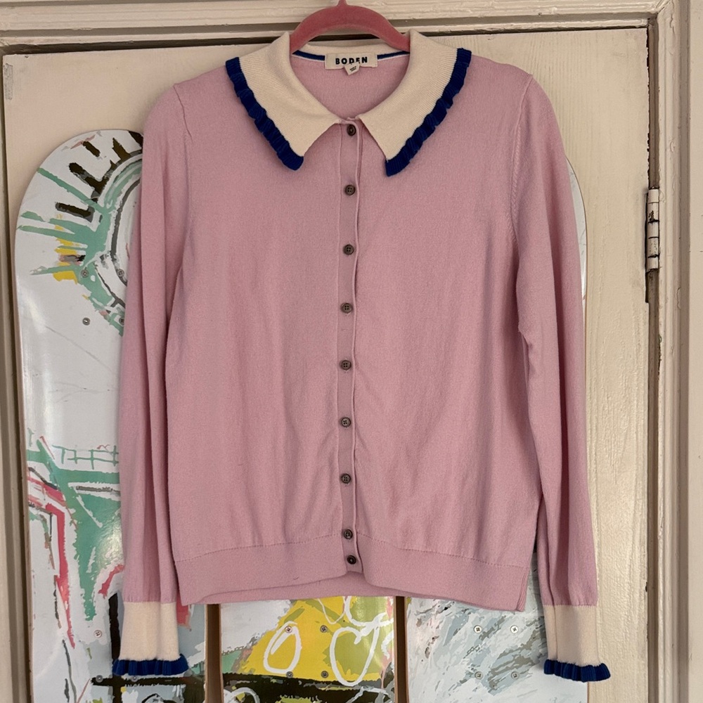 🎀 Boden Pink Cottagecore Cardigan Jumper Sweater with Ruffle Trim Large